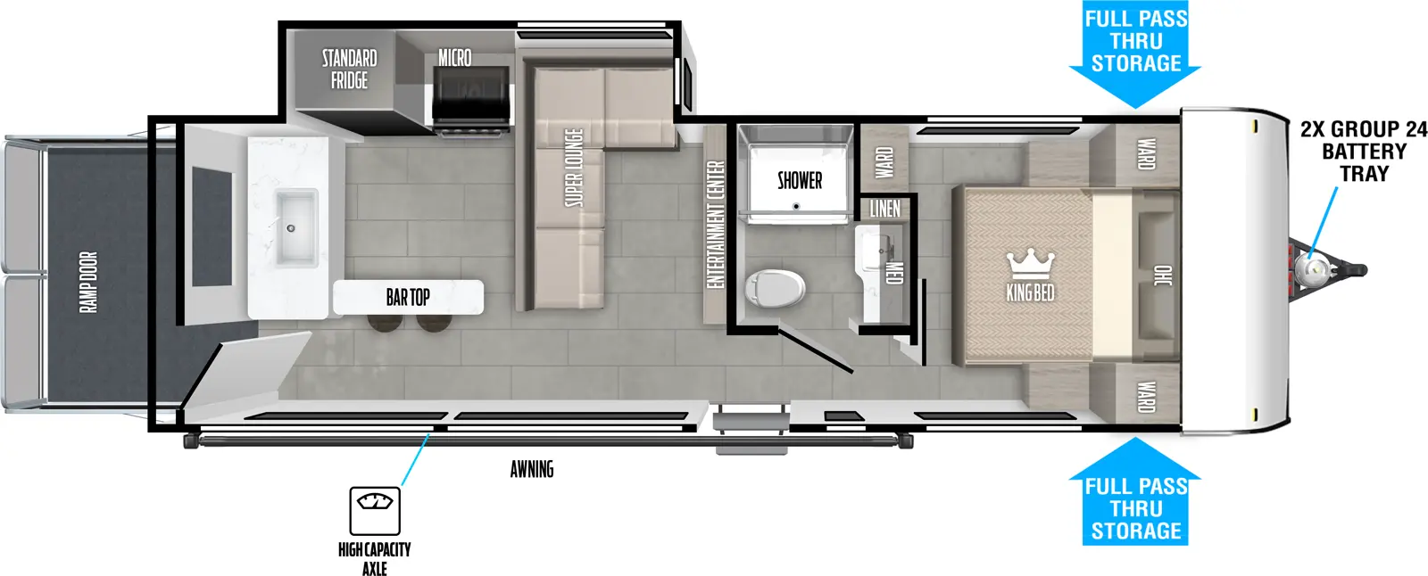 The Salem FSX 269VC floorplan is a toy hauler that has one entry and one slide out. Exterior features include: fiberglass exterior. Interiors features include: front bedroom.